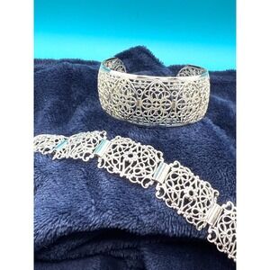 Vintage Western Germany Bracelet Lot Of 2‎ Silver Tone Filigree  7" 7.5"
